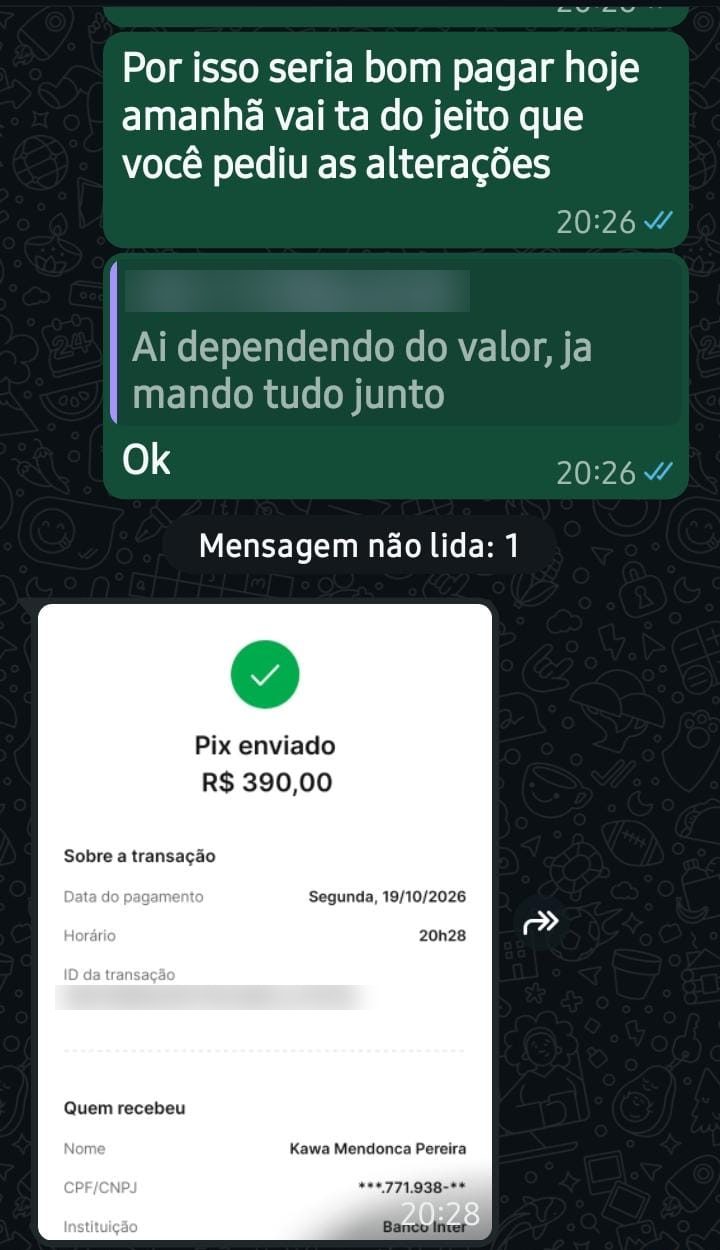 Print de Pix de R$ 390,00 recebido após fechar um site