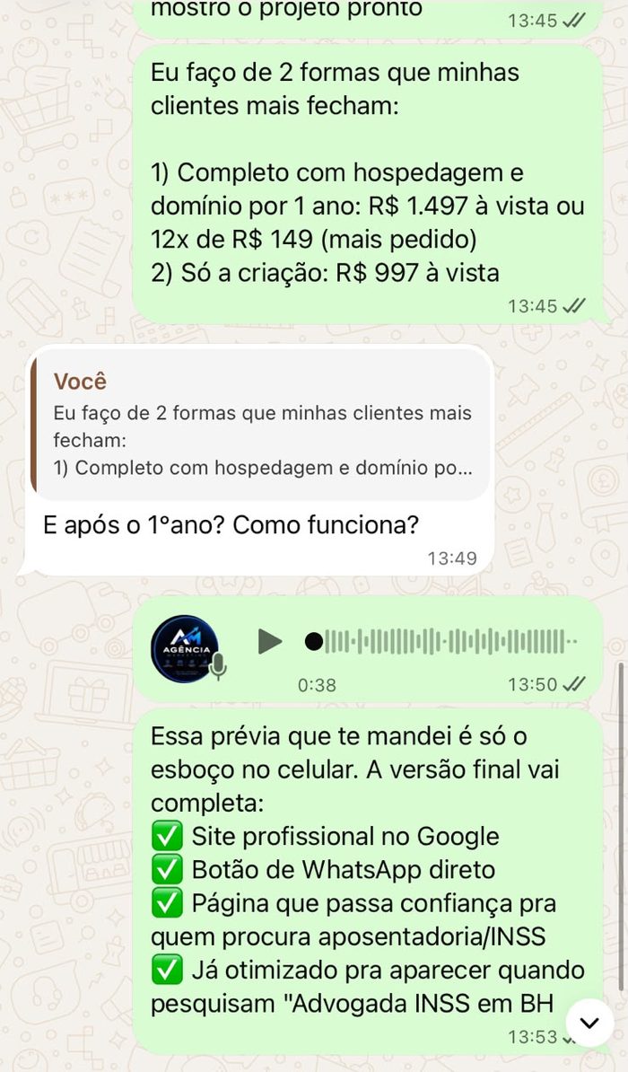Proposta de site enviada pelo WhatsApp para uma advogada
