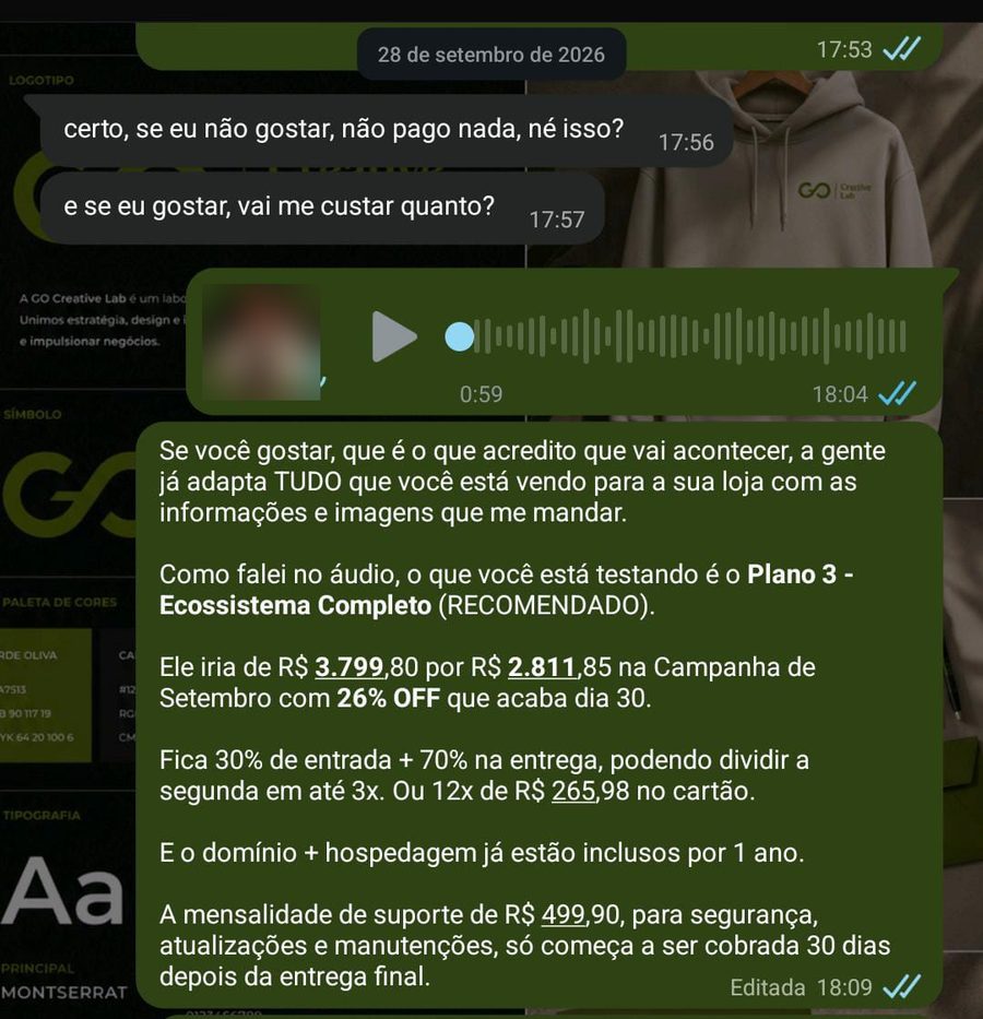 Proposta de site enviada pelo WhatsApp