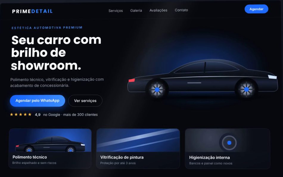Site profissional de estética automotiva aberto no notebook