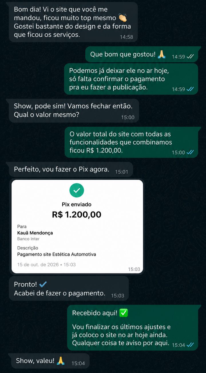 Cliente aprovando o site e enviando Pix de R$ 1.200,00